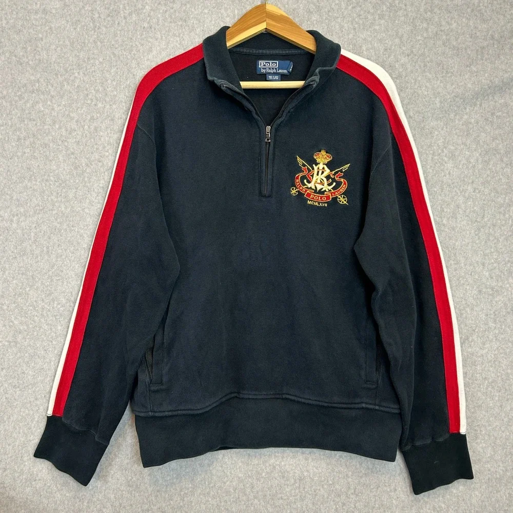 Polo Ralph Lauren 1/4 Zip Pullover Navy Red Stripe Embroidered Crest Mens Large